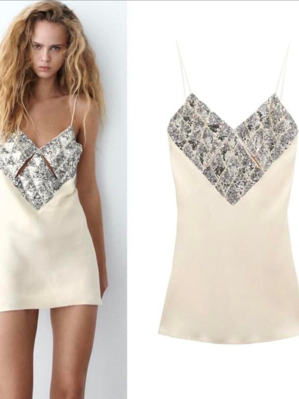 Zara Cream Satin Mini Dress with Silver Sequin V-Front